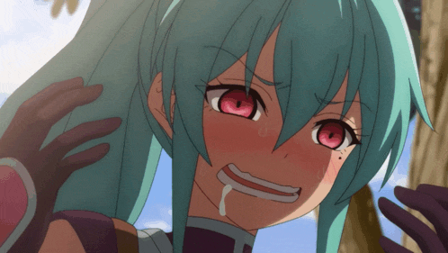 a girl with blue hair and red eyes is making a face