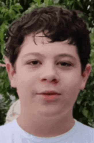a young boy with curly hair is looking at the camera .