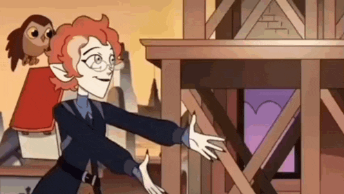 a cartoon character is standing next to a wooden structure with an owl sitting on his head .