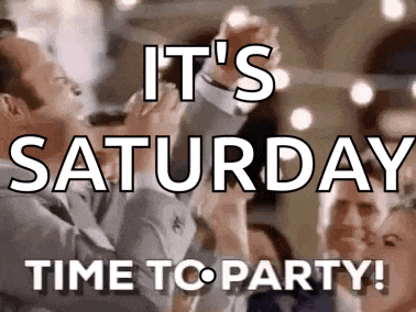 it 's saturday time to party ! a man is dancing with a group of people in a room .