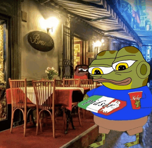 a frog is holding a pizza and a drink in front of a restaurant called brandio