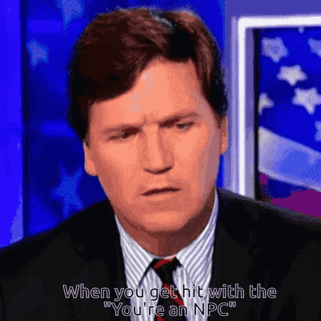 a man in a suit and tie is saying " when you get hit with the " you 're an npc "