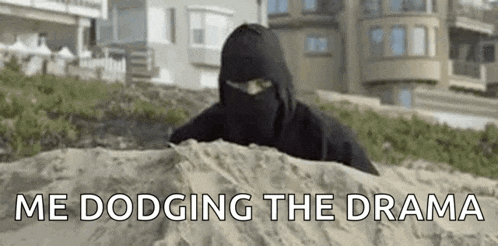 a man in a ninja costume is hiding in the sand on a beach .