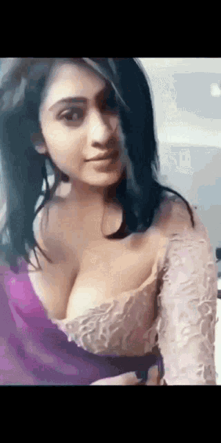a woman in a purple saree with a very plunging neckline is looking at the camera .