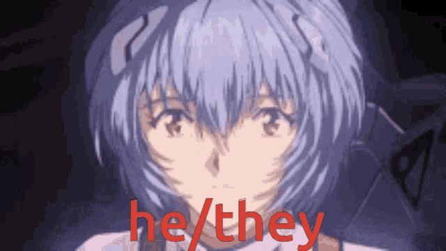 a close up of a girl with the words he / they written in red