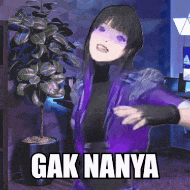 a picture of a girl in a purple jacket with the words " gak nanya " on it