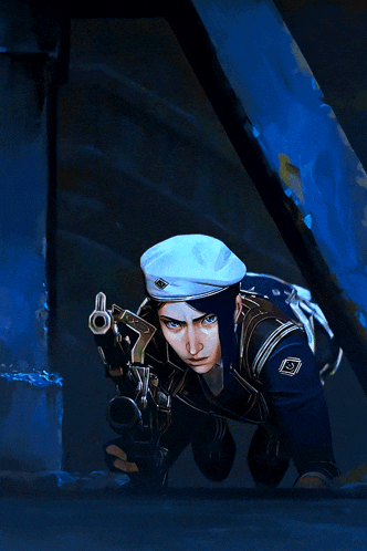 a woman in a white beret is holding a gun in her hand