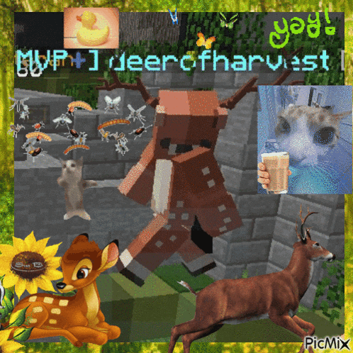 a picture of a deer in a minecraft world with the words " myp + 1 deer of harvest "