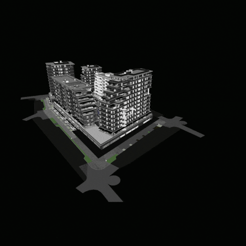an aerial view of a large building with a black background