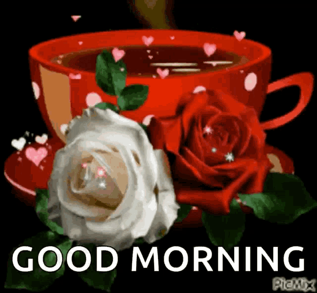 a cup of coffee with two red roses and the words good morning