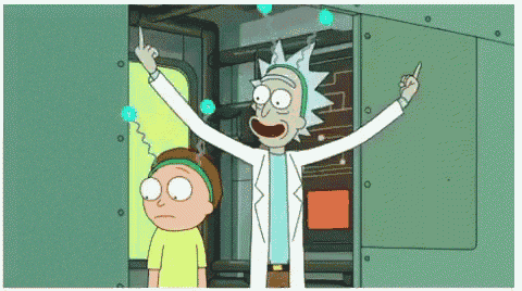 rick and morty are standing next to each other in a room and rick is giving a middle finger .