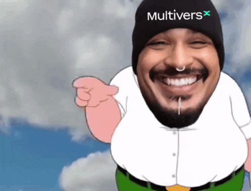 a man with a beard wearing a hat that says multivers x
