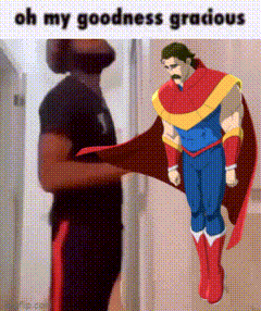 a cartoon of a man in a superhero costume with the words oh my goodness gracious below him