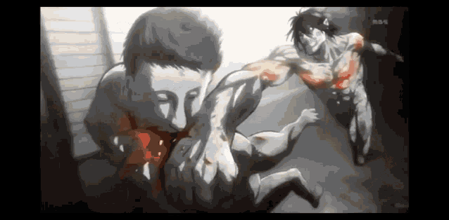 a black and white drawing of a man being attacked by a monster .