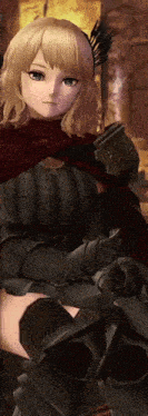 a girl with blonde hair is wearing armor and a red cape