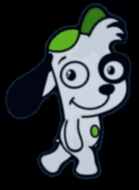 a cartoon dog wearing a green hat and glasses is walking on a black background .