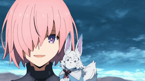 a girl with pink hair and purple eyes holds a small white animal