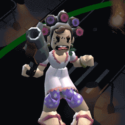 a cartoon character with curlers on her head is holding a cannon