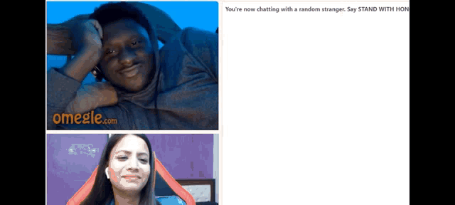 a man and a woman are chatting with a random stranger on omegle.com