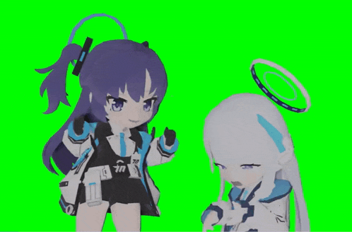 a girl with a ponytail is standing next to another girl with a halo