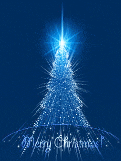 a blue christmas tree with the words merry christmas written on it