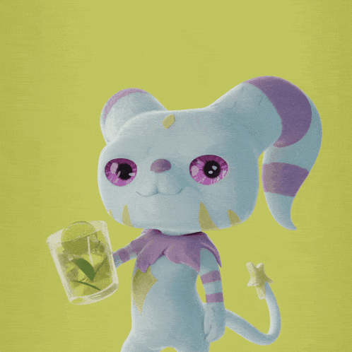 a blue and purple cartoon character is holding a glass of iced tea