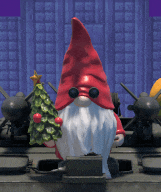 a gnome wearing a red hat and sunglasses is sitting next to a christmas tree ..