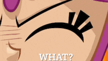 a close up of a cartoon character 's eyes with the words what written below them