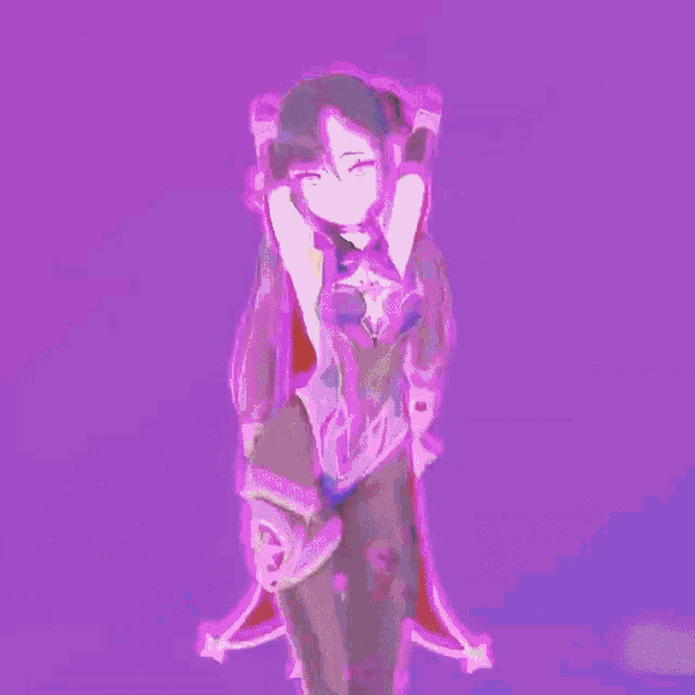 a girl in a purple outfit is surrounded by purple swirls