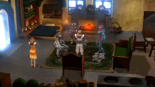 a group of people are standing around a fireplace in a room