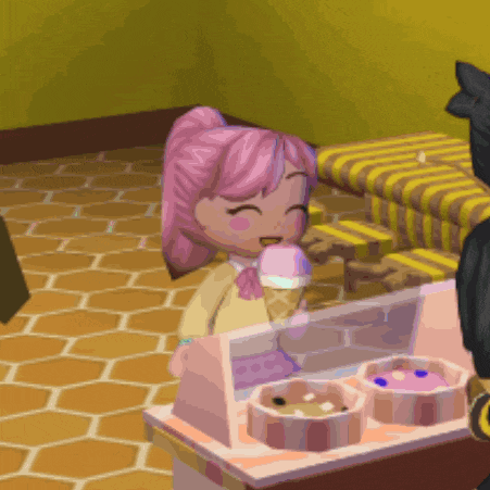 a girl with pink hair is eating an ice cream cone in a video game