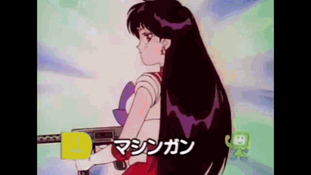 a girl with long black hair is holding a gun in front of a sign with the number 4 on it