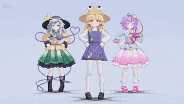 three anime girls are dancing together and one of them has a frog hat on