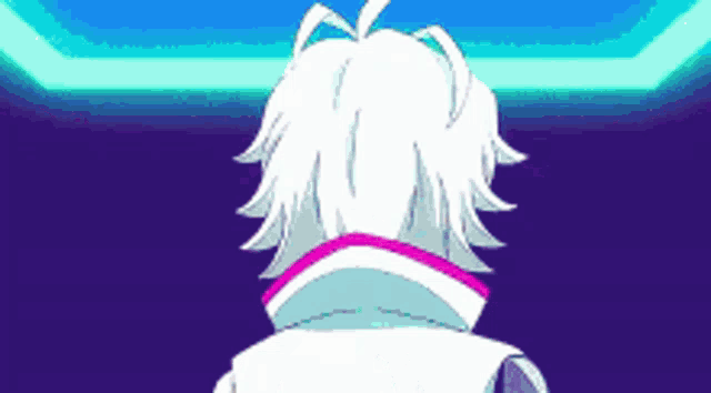 a cartoon character with white hair and a pink collar is standing in front of a blue background .