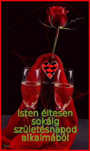 a greeting card with a red rose and two wine glasses
