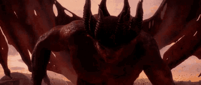 a devil with horns and wings is standing in the dark .