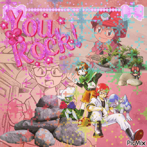 a collage of cartoon characters with the words " you rock " in pink