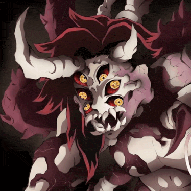 a cartoon drawing of a monster with horns and many eyes