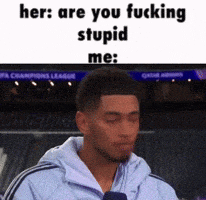 a man is talking into a microphone with the words her are you fucking stupid me written above him