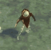 a skeleton is walking on a green surface in a video game while wearing a red cape .