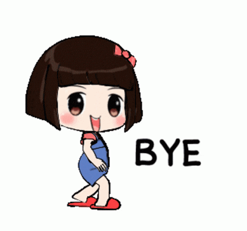 a cartoon girl is saying bye with her mouth open