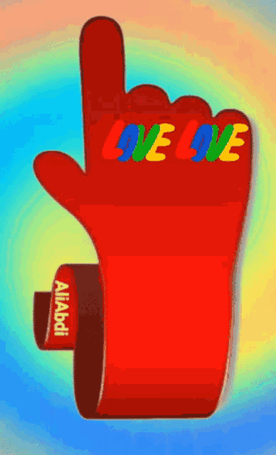 a red finger pointing up with the word love written on it