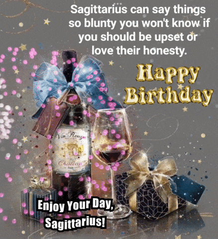 a birthday card for sagittarius with a bottle of wine and a glass of wine
