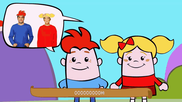 a boy and a girl are standing next to each other with a speech bubble above them that says 000000oh