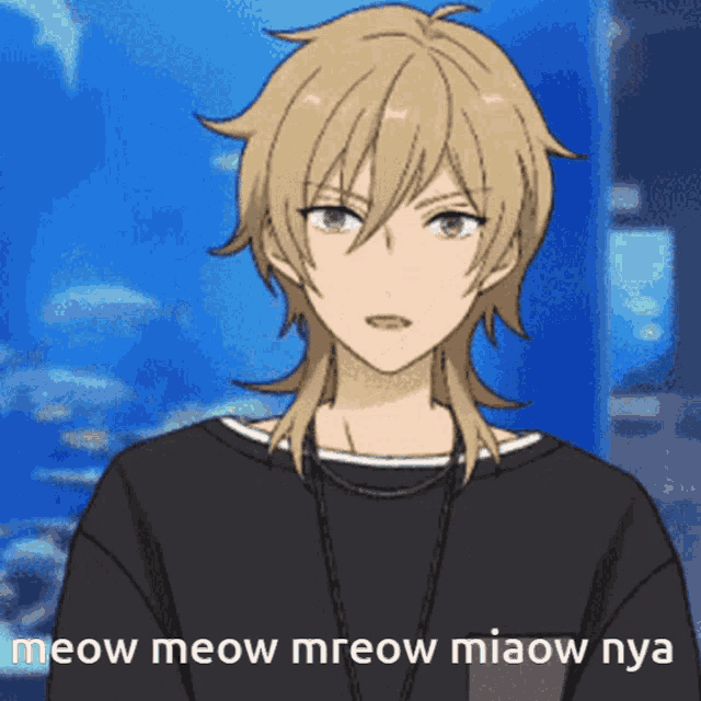 a picture of a anime character with the words meow meow mreow miaow nya