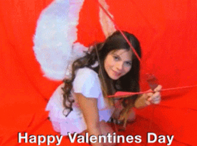 a woman in a cupid costume is holding a bow and arrow with the words happy valentines day written below her
