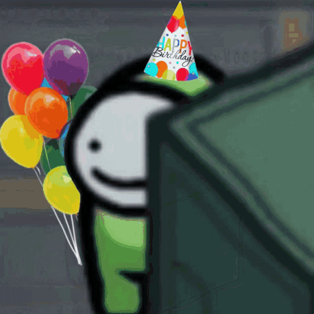 a cartoon character wearing a happy birthday hat