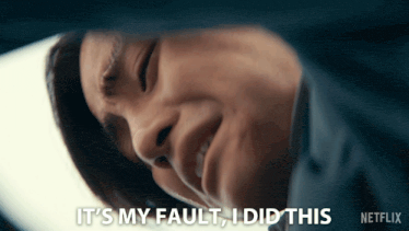 a close up of a person 's face with the words " it 's my fault i did this " below it