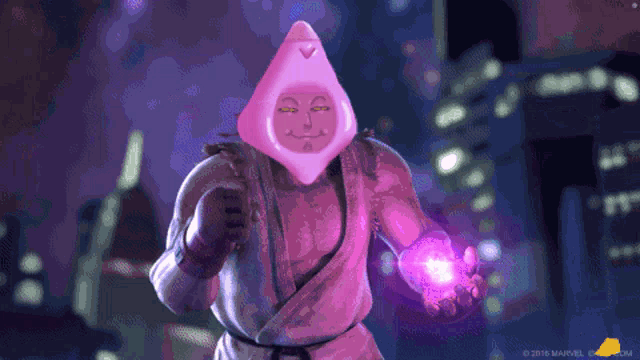 a cartoon character with a pink face and a triangle head is holding a purple object