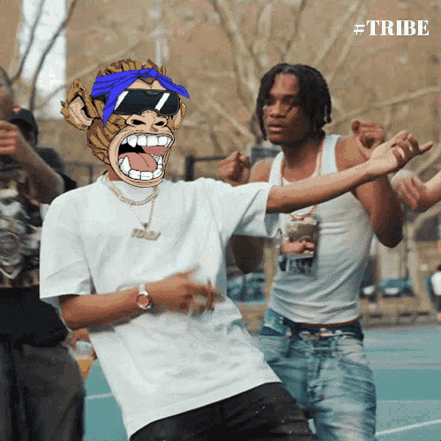 a man with a monkey face on his head is dancing with a group of people